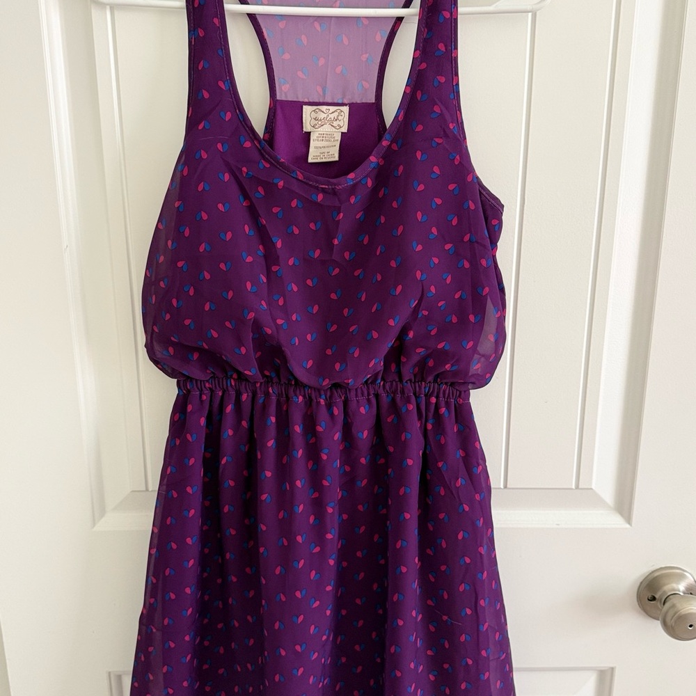 Eyelash Couture Purple Dress with Pink and Blue Heart Pattern